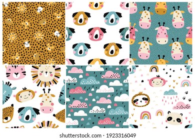 Conjunto de patrones de la jungla. Colección de fondos de bebé sin costura vectorial con hermosas muzzles de animales tropicales. Nubes rosas. Personajes de garabatos dibujados a mano. Ideal para tejidos de vivero, tejidos y envolturas