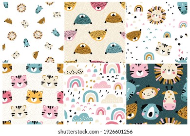 Conjunto de patrones de la jungla. Colección de fondos de bebé sin costura vectorial con hermosas muzzles de animales tropicales. Nubes rosas. Personajes de garabatos dibujados a mano. Ideal para tejidos de vivero, tejidos y envolturas