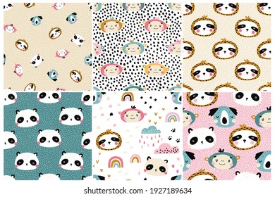 Conjunto de patrones de la jungla. Colección de fondos de bebé sin costura vectorial con hermosas muzzles de animales tropicales. Nubes rosas. Personajes de garabatos dibujados a mano. Ideal para tejidos de vivero, tejidos y envolturas