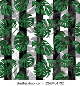 Jungle Pattern. Summer Design for Swimwear. Exotic Palm Greenery Backdrop. Repeatable Illustration. Seamless Jungle Pattern.