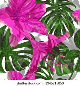 Jungle Pattern. Summer Design for Swimwear. Exotic Palm Greenery Backdrop. Repeat Illustration. Seamless Jungle Pattern.