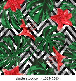Jungle Pattern. Summer Design for Swimwear. Repeatable Illustration. Exotic Palm Greenery Backdrop. Seamless Jungle Pattern.