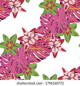 Jungle Pattern for your Design. Colorful Background with Flowers and Leaves. Rainforest Flowers and Leaves. Vector Texture with Exotic Flowers. Seamless Pattern with Tropical Leaves and Flowers.