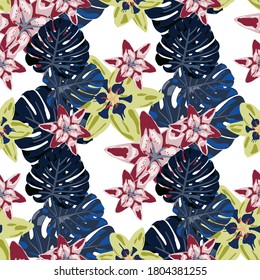 Jungle Pattern for your Design. Colorful Background with Flowers and Leaves. Seamless Pattern with Tropical Leaves and Flowers. Vector Texture with Exotic Flowers. Rainforest Flowers and Leaves.