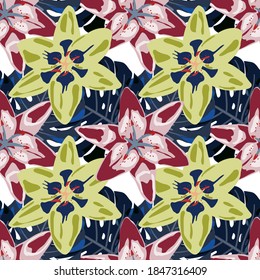 Jungle Pattern for your Design. Colorful Background with Flowers and Leaves. Seamless Pattern with Tropical Leaves and Flowers. Vector Texture with Exotic Flowers. Rainforest Flowers and Leaves.
