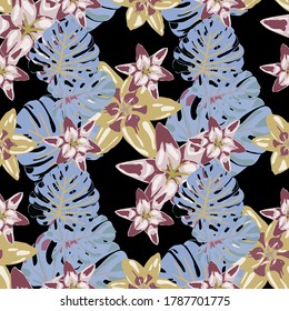 Jungle Pattern for your Design. Rainforest Flowers and Leaves. Vector Texture with Exotic Flowers. Seamless Pattern with Tropical Leaves and Flowers. Colorful Background with Flowers and Leaves.