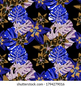 Jungle Pattern for your Design. Rainforest Flowers and Leaves. Vector Texture with Exotic Flowers. Seamless Pattern with Tropical Leaves and Flowers. Colorful Background with Flowers and Leaves.