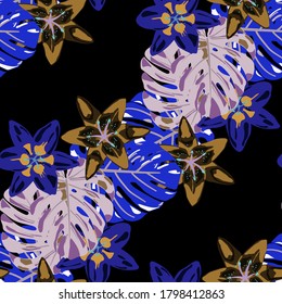 Jungle Pattern for your Design. Rainforest Flowers and Leaves. Colorful Background with Flowers and Leaves. Vector Texture with Exotic Flowers. Seamless Pattern with Tropical Leaves and Flowers.