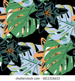 Jungle Pattern for your Design. Rainforest Flowers and Leaves. Vector Texture with Exotic Flowers. Seamless Pattern with Tropical Leaves and Flowers. Colorful Background with Flowers and Leaves.