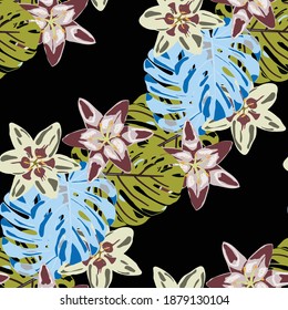 Jungle Pattern for your Design. Rainforest Flowers and Leaves. Colorful Background with Flowers and Leaves. Seamless Pattern with Tropical Leaves and Flowers. Vector Texture with Exotic Flowers.