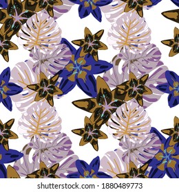 Jungle Pattern for your Design. Rainforest Flowers and Leaves. Seamless Pattern with Tropical Leaves and Flowers. Colorful Background with Flowers and Leaves. Vector Texture with Exotic Flowers.