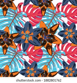 Jungle Pattern for your Design. Rainforest Flowers and Leaves. Vector Texture with Exotic Flowers. Colorful Background with Flowers and Leaves. Seamless Pattern with Tropical Leaves and Flowers.