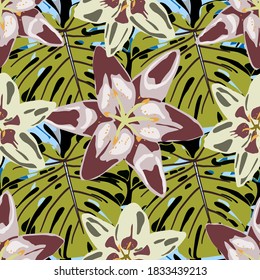 Jungle Pattern for your Design. Seamless Pattern with Tropical Leaves and Flowers. Vector Texture with Exotic Flowers. Colorful Background with Flowers and Leaves. Rainforest Flowers and Leaves.