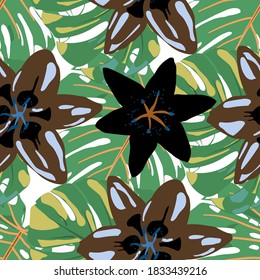 Jungle Pattern for your Design. Seamless Pattern with Tropical Leaves and Flowers. Rainforest Flowers and Leaves. Colorful Background with Flowers and Leaves. Vector Texture with Exotic Flowers.
