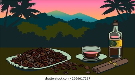 jungle, pink sunset, panorama, coffee, bottle of whiskey, cigars, glare, emblem, sky,