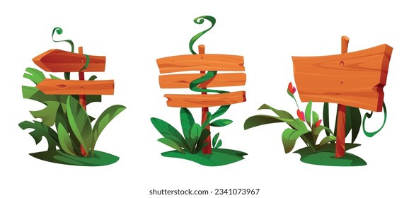 Jungle plant on game wood sign board ui cartoon vector. Forest signboard banner with amazon liana, grass and tropic flower. Isolated road direction label template nature design for comic interface