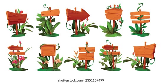 Jungle plant on game wood sign board ui cartoon vector. Forest signboard banner with amazon liana, grass and tropic flower. Isolated road direction label template nature design for comic interface