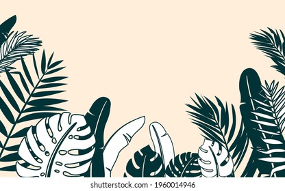 Jungle plant vector border illustration with tropical tree leaves banana, monstera, palm and sunset sky. Tropic landscape background in simple modern flat style with copy space for text.