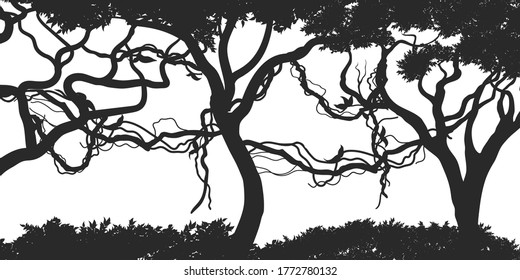 Jungle plants background. Tropical black silhouette. Isolated exotic flora. Wild nature scene. Rainforest landscape. Design elements. Vector illustration