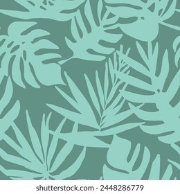 Jungle plants illustration seamless pattern with tropical plants leaves and foliage on green background. abstract prints nature background. tropical wallpaper. forest background.