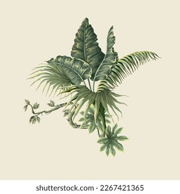 Jungle plants and leaves in victorian style isolated. Vector