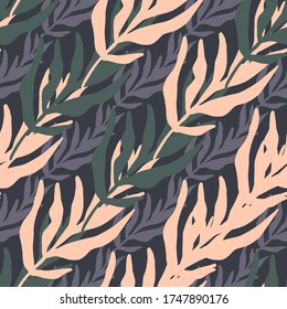 Jungle plants silhouette leaves seamless pattern on black background. Minimal style tropical leaf wallpaper. Design for fabric design, textile print, wrapping paper, cover. Fashion vector illustration