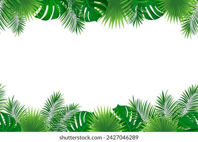 Jungle plants template background. Tropical seamless border frame. vector illustration. Rainforest amazon foliage repeated wallpaper. Green tropic pattern with coconut palm leaf, monstera, areca palm.