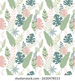 Jungle plants, tropical leaves seamless pattern. Whimsical safari hand drawn vector design in flat style