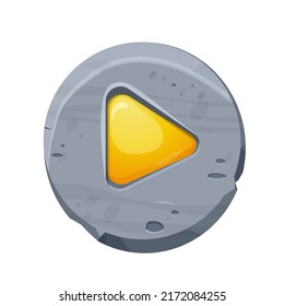 Juega en la jungla o botón de inicio con piedra en divertido estilo de caricatura aislado en fondo blanco. Menú de juego, diseño de interfaz. activo ui