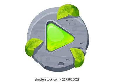 Juega la jungla o botón de inicio con piedra y deja decoraciones en divertido estilo de caricatura aisladas en fondo blanco. Menú de juego, diseño de interfaz. activo ui