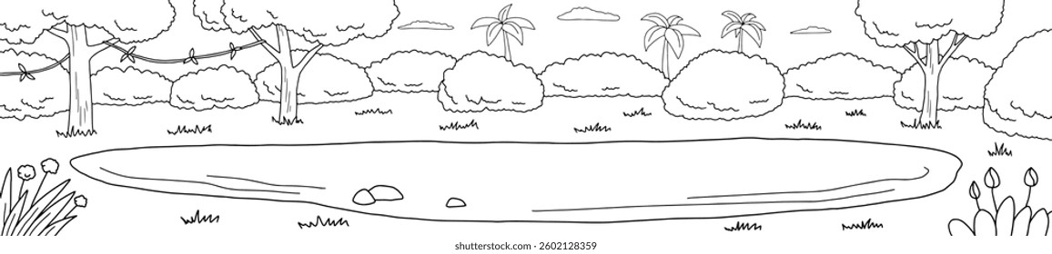 Jungle pond forest graphic black white landscape sketch long illustration vector 