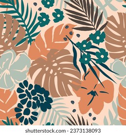 Impresión de la jungla patrón sin fisuras con floral de aloha dibujado a mano y hojas