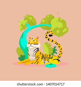 Jungle print with tiger. Tiger cute character for fabric, shirt print. Zoo big cat illustration in pastel colors. Jungle inhabitant tiger with tropical flower, exotic background. 