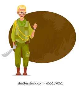 Jungle professor man with sword, vector illustration isolated on white background with place for text