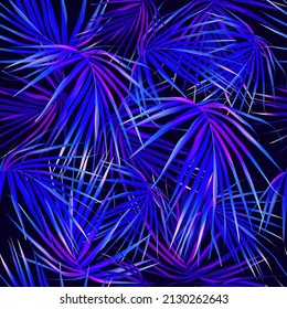 Jungle purple neon tropical  leaves seamless pattern.Summer exotic botanical foliage.Fluorescent  vectors colors.