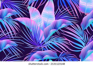 Jungle purple neon tropical  leaves seamless pattern.Summer exotic botanical foliage.Fluorescent  vectors colors.