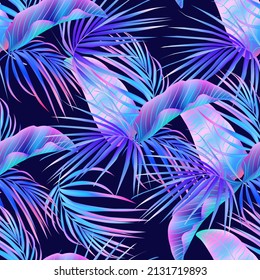 Jungle purple neon tropical  leaves seamless pattern.Summer exotic botanical foliage.Fluorescent  vectors colors.