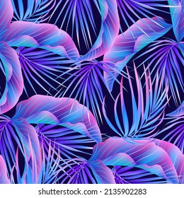 Jungle purple neon tropical  leaves seamless pattern.Summer exotic botanical foliage.Fluorescent  vectors colors.