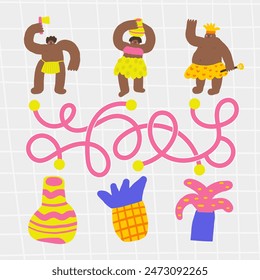 Selva selva bosque tropical doodle laberinto con gente de la tribu, jefe, chamán, mujer. Naturaleza salvaje, bosque de musgo rompecabezas para niños, niños. Divertido laberinto estilo caricatura con personajes adorables