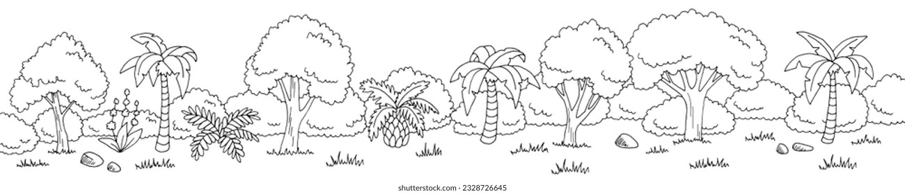 Jungle rain forest graphic black white long landscape sketch illustration vector