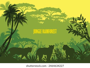 Jungle rain forest vector background. Exotic flora with copy space for background design, banner with silhouette of tropical plant and animals.