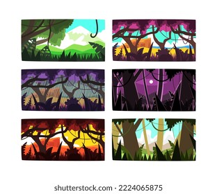 Jungle and Rainforest with Dense Trees, Lush Vegetation and Hanging Lianas Picture Vector Set