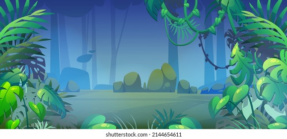 Jungle Or Rainforest Landscape, Tropical Forest Cartoon Background, 2d Game Interface With Parallax Effect. Panoramic Wallpaper With Green Plants, Lianas, Rocks And Trees Frame, Vector Illustration