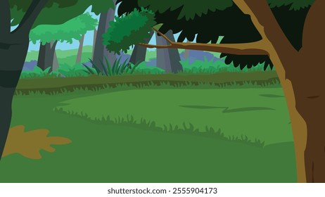 Jungle or rainforest landscape, tropical forest cartoon background, 2d game. Panoramic wallpaper with green plants, lianas, rocks and trees frame, Vector illustration