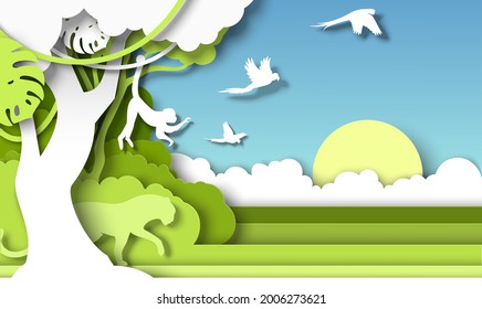 Jungle rainforest landscape and wild animals silhouettes, vector illustration in paper art style. Save animals, protect and discover wildlife. Travel.