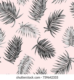 Jungle rainforest royal palm tree leaves isolated on pink background. Exotic tropical camouflage seamless pattern texture. Feather shaped branch. Vector design illustration.