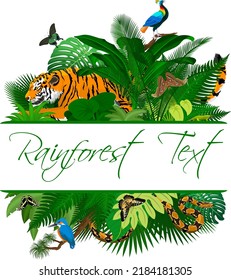 Jungle Rainforest Summer Tropical Leaves Wildlife Vector Design with tiger,  kingfisher, python, monal and butterflies