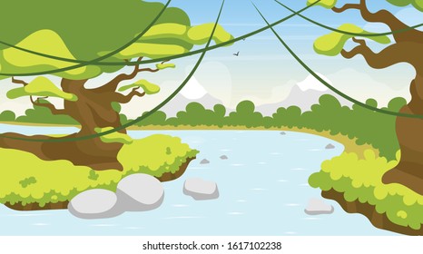 Jungle river flat vector illustration. Mediterranean lake. Tropical water body. Panoramic scene with trees and lianas. Riverside, riverbrook. Exotic amazon stream. Watercourse cartoon background