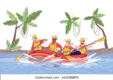 Jungle river rafting flat doodle illustration. People in raft. Water activity. Extreme sports. Active pastime in exotic country. Indonesia tourism 2D cartoon character with outline for commercial use