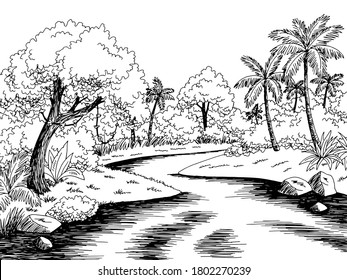 Jungle river rain forest graphic black white landscape sketch illustration vector